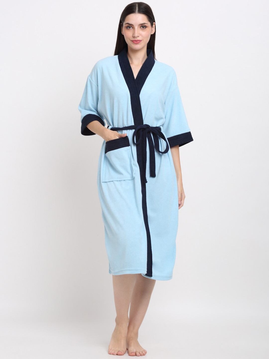 

Creeva Everyday Collection Shawl Collar Knee Length Terry Bath Robe With Front Pocket, Blue