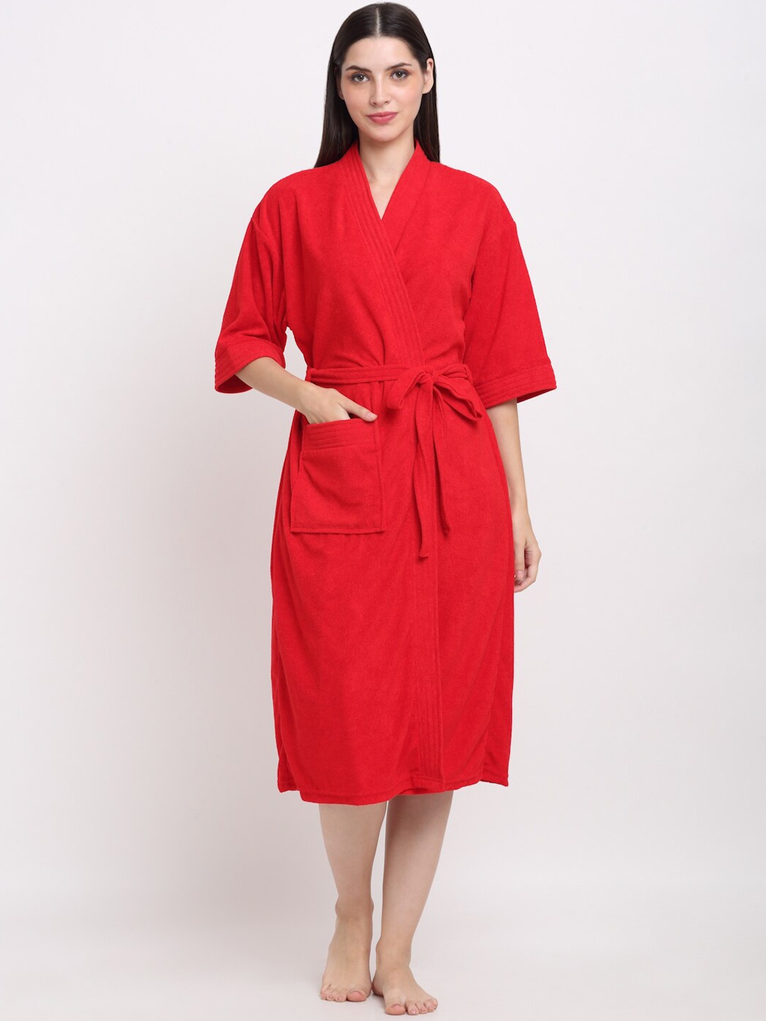 

Creeva Belted Knee Length Terry Cotton Bath Robe, Red