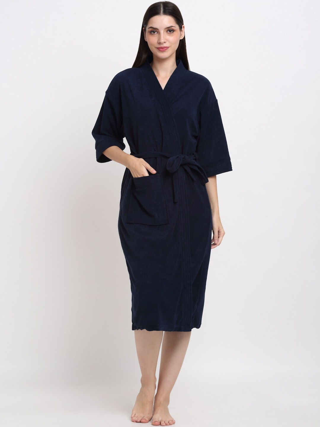 Creeva Everyday Collection Shawl Collar Knee Length Terry Bath Robe With Front Pocket, Navy blue