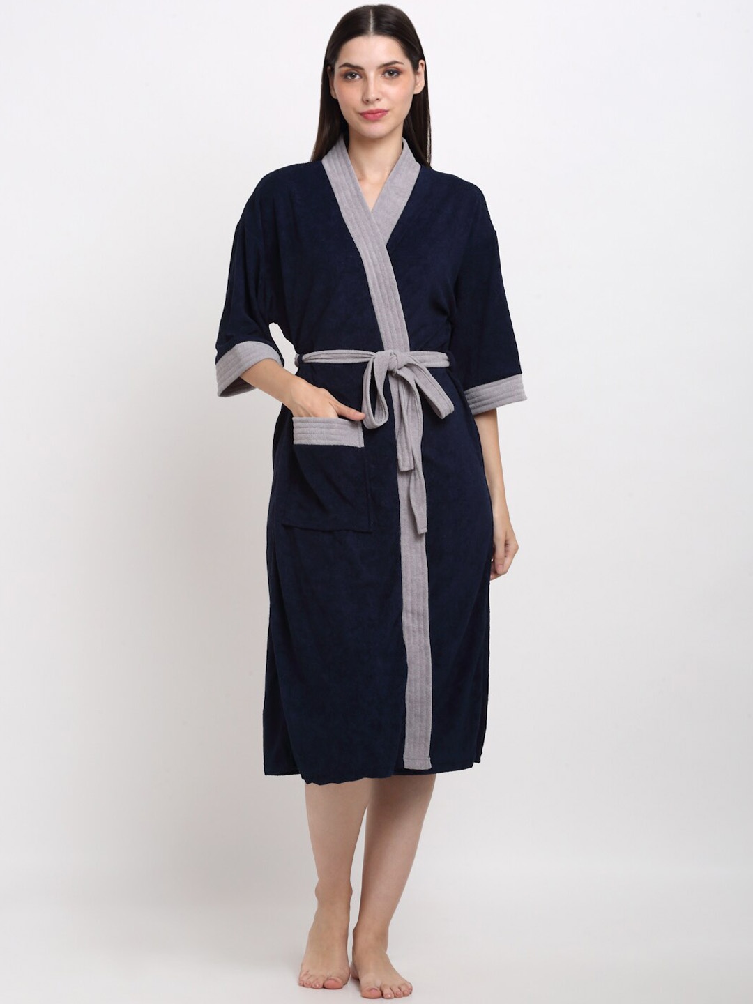 

Creeva Everyday Collection Shawl Collar Terry Bath Robe With Front Pocket, Navy blue