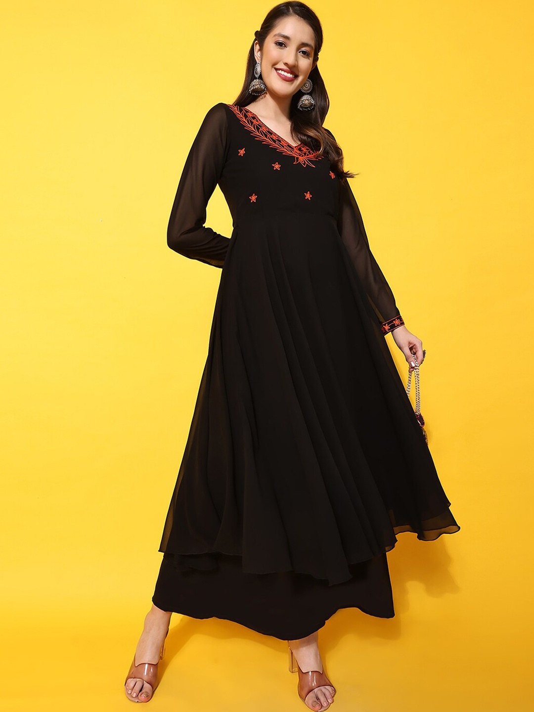 Poshak Hub Embroidered Round Neck Long Sleeve Pleated Sequins Anarkali Kurta, Black