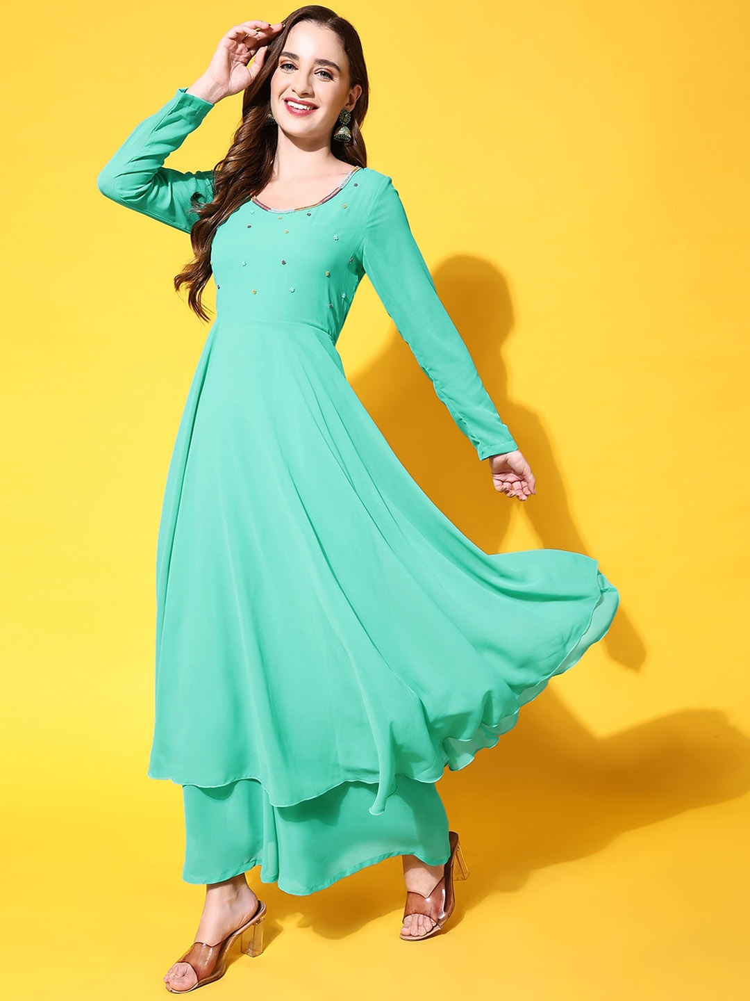 

Poshak Hub Embroidered Round Neck Long Sleeve Pleated Anarkali Kurta, Turquoise blue