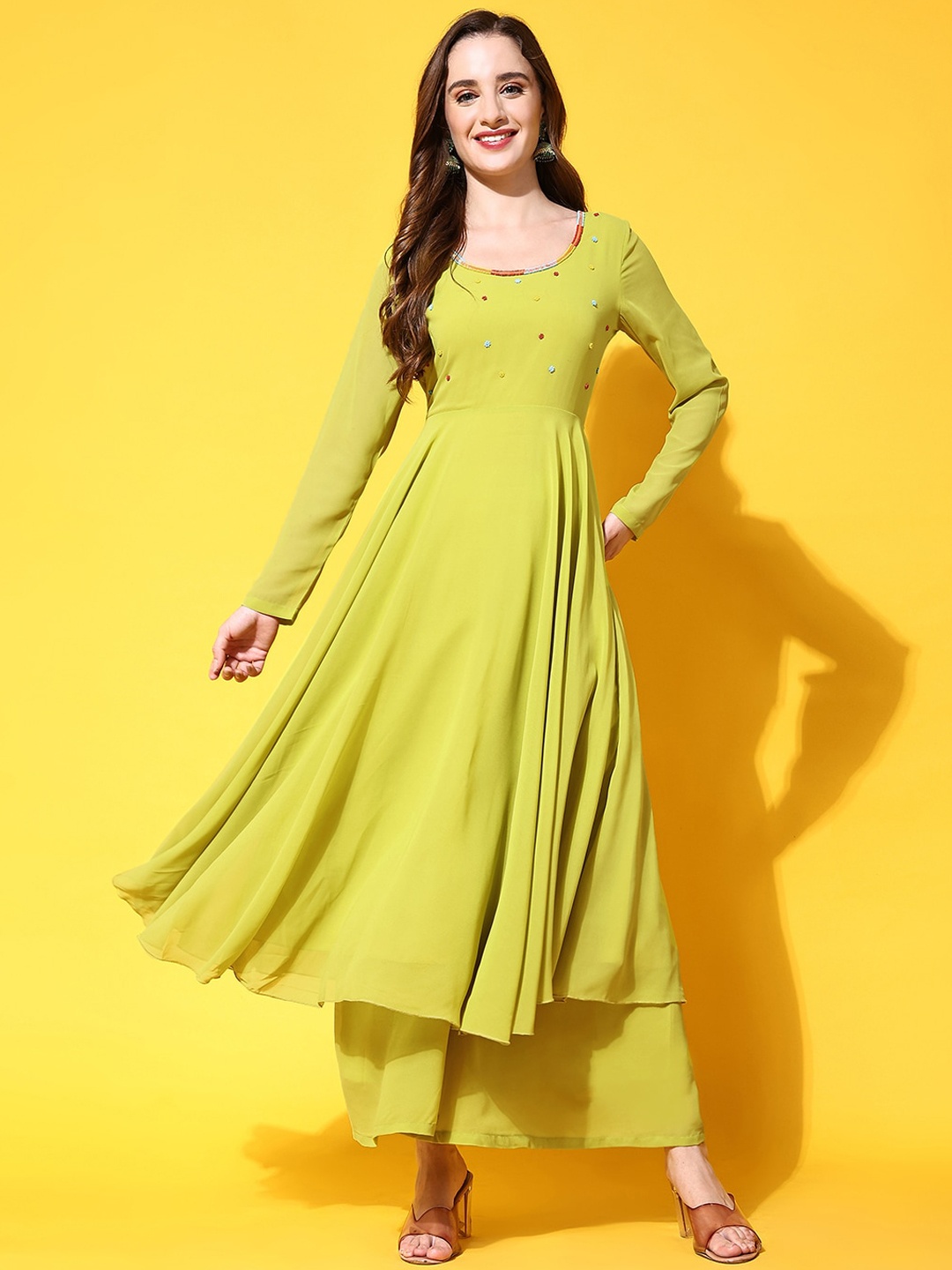 

Poshak Hub Embroidered Scoop Neck Long Sleeves Sequins Anarkali Kurta, Lime green