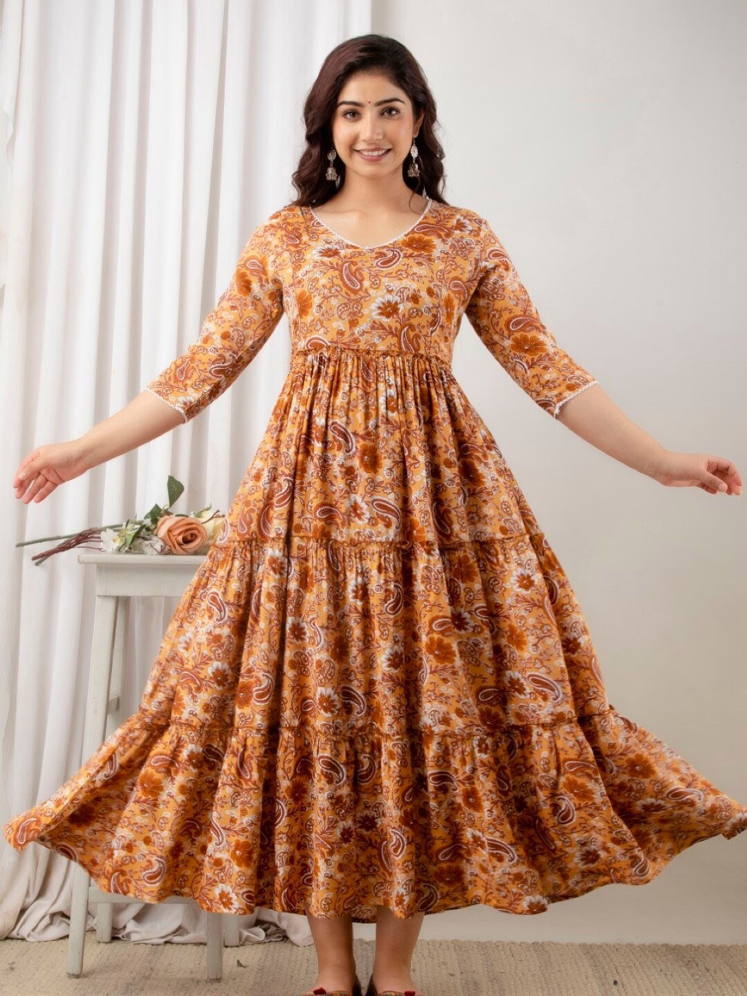 

Henal Ethnic Motifs Printed Maternity Ethnic Dress, Beige