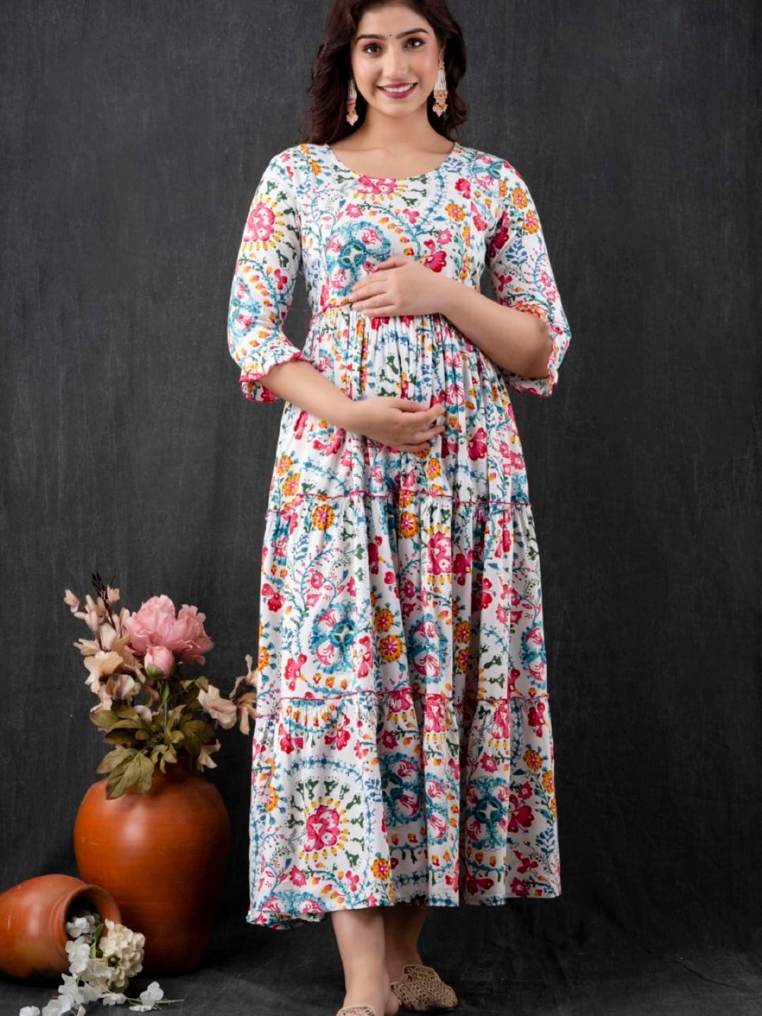

Henal Floral Printed Gathered Maternity Cotton Fit & Flare Ethnic Dress, White