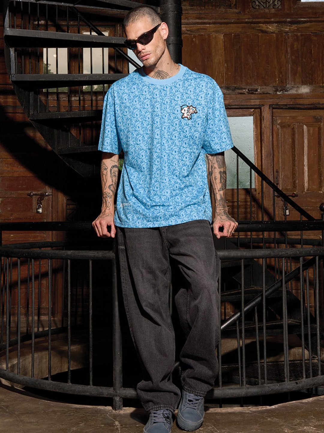 

Bonkers Corner Graphic Printed Round Neck Cotton Oversized T-shirt, Blue