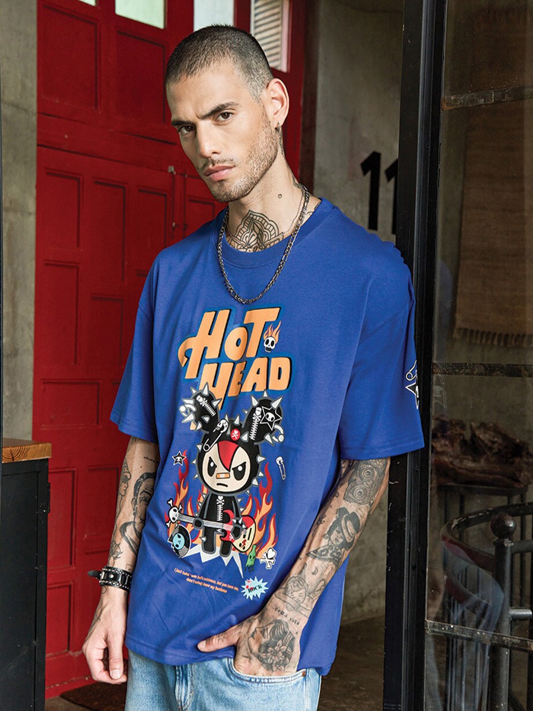 

Bonkers Corner Typography Printed Round Neck Cotton Oversized T-shirt, Blue