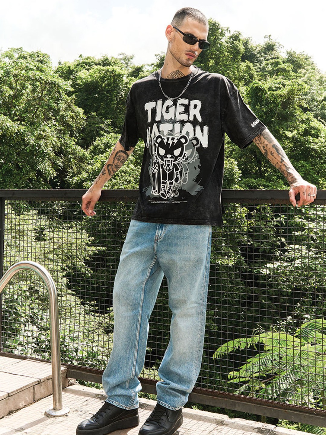 

Bonkers Corner Typography Printed Round Neck Cotton Oversized T-shirt, Black