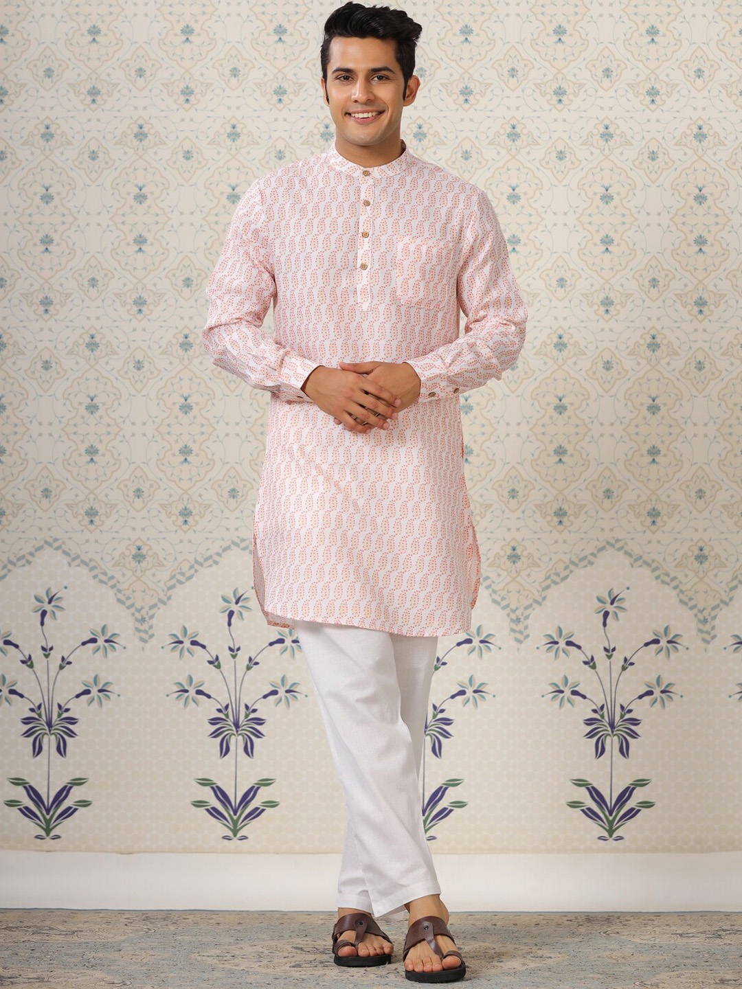 Ode by House of Pataudi Ethnic Motifs Printed Mandarin Collar Kurta, White