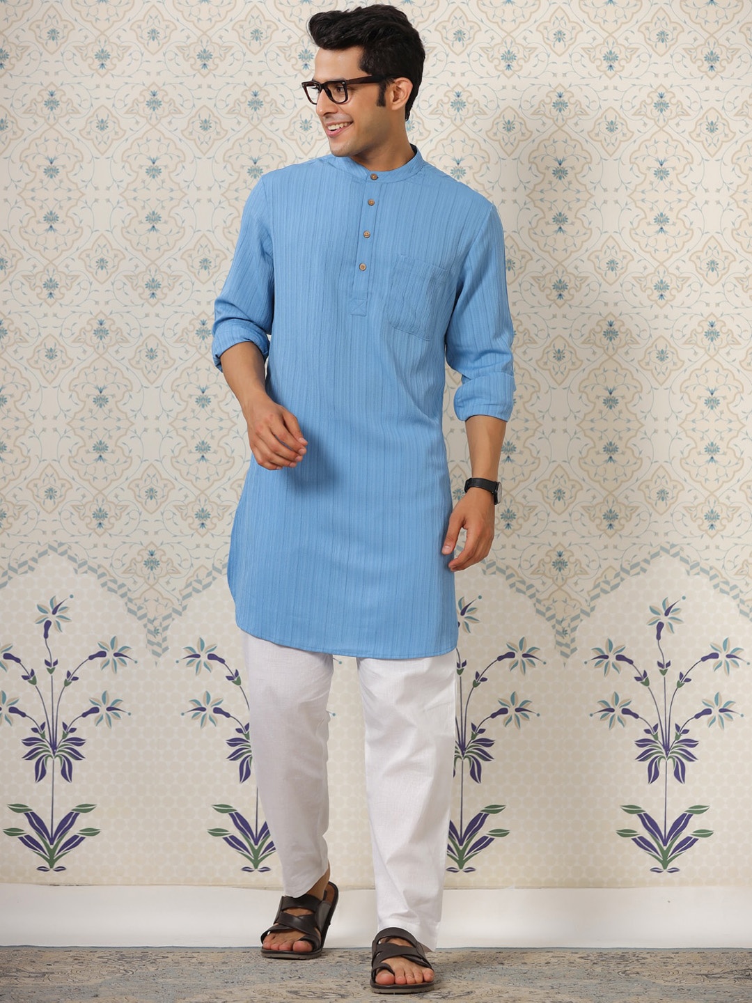 

Ode by House of Pataudi Mandarin Collar Kurta, Blue