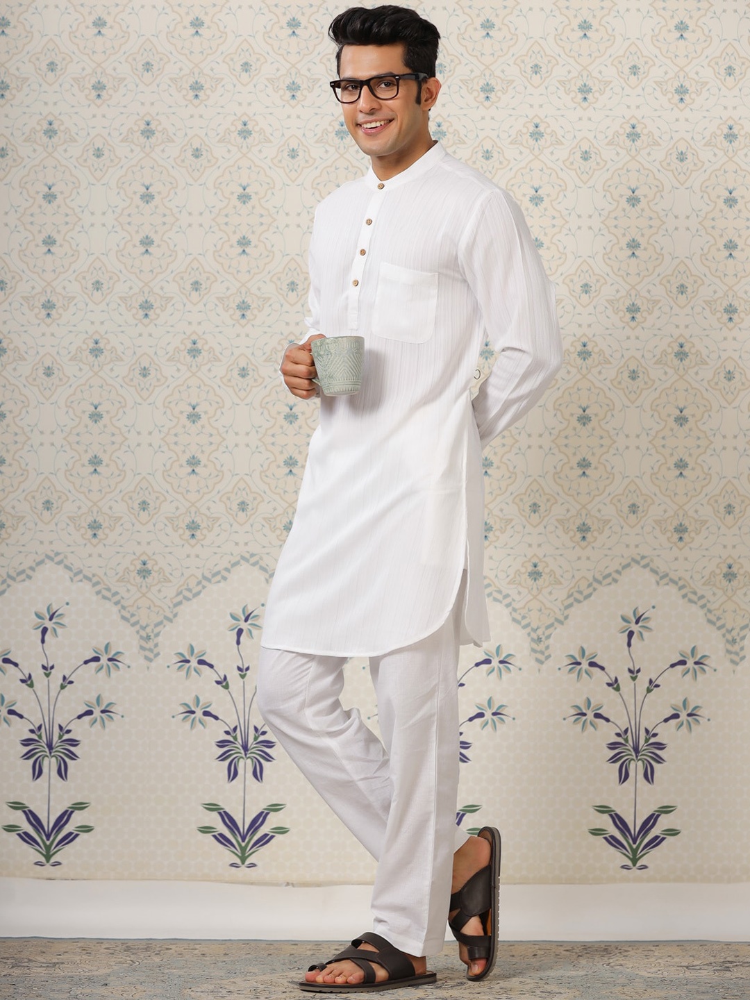 

Ode by House of Pataudi Striped Woven Design Mandarin Collar Kurta, White