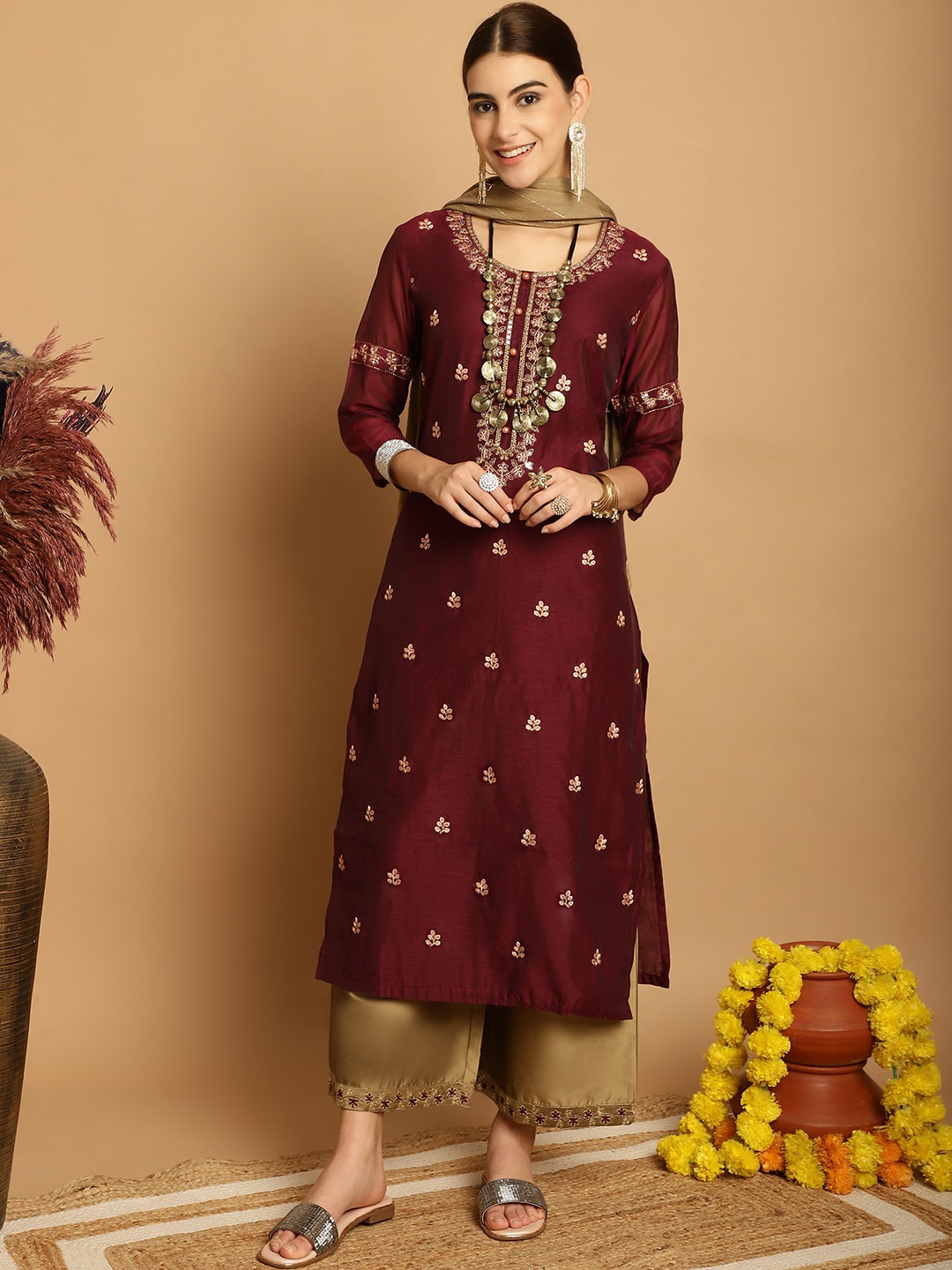 Tulsattva Floral Embroidered Thread Work Kurta With Palazzos & Dupatta, Burgundy