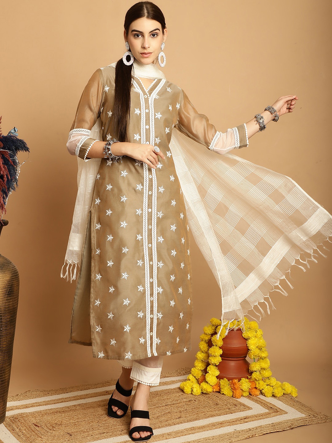 Tulsattva Floral Embroidered Regular Thread Work Kurta With Trousers & Dupatta, Taupe