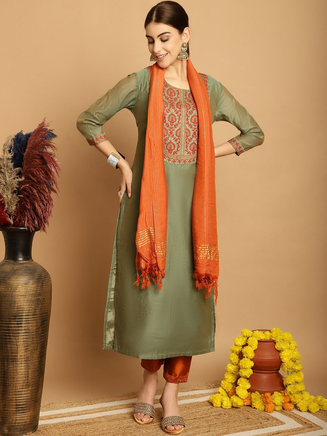 

Tulsattva Ethnic Motifs Yoke Design Regular Thread Work Kurta With Trousers & Dupatta, Olive
