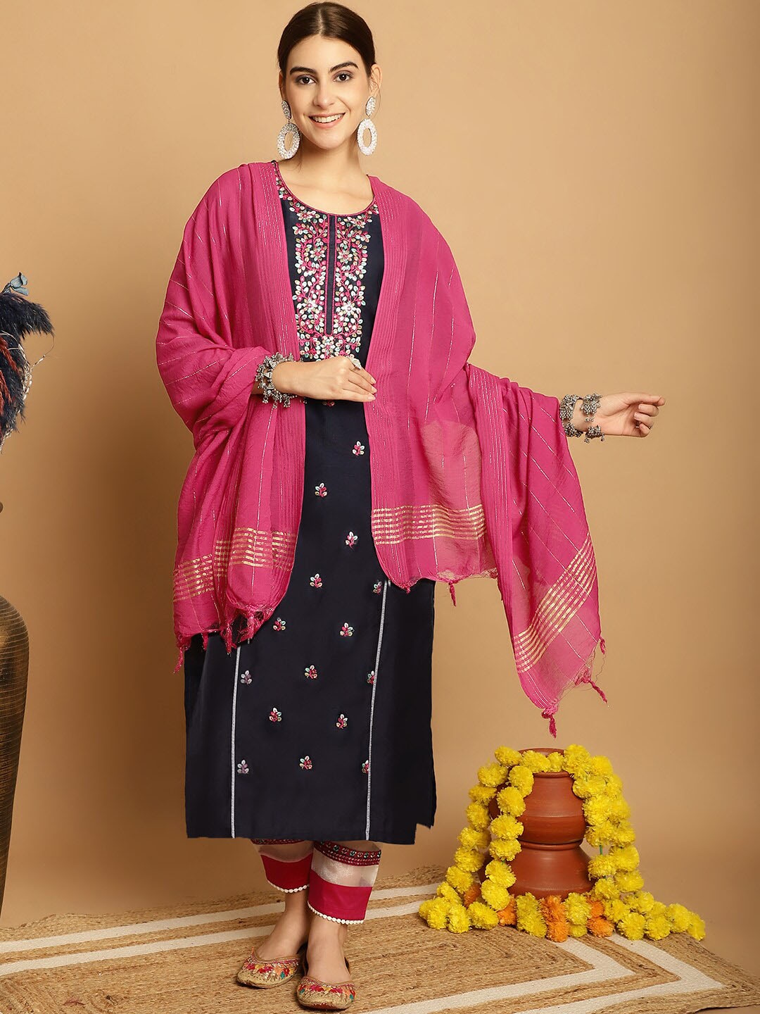 

Tulsattva Ethnic Motifs Embroidered Regular Thread Work Kurta With Trousers & Dupatta, Navy blue