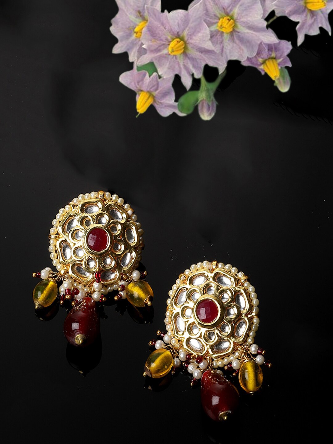 

DUGRISTYLE Kundan Contemporary Studs Earrings, Maroon