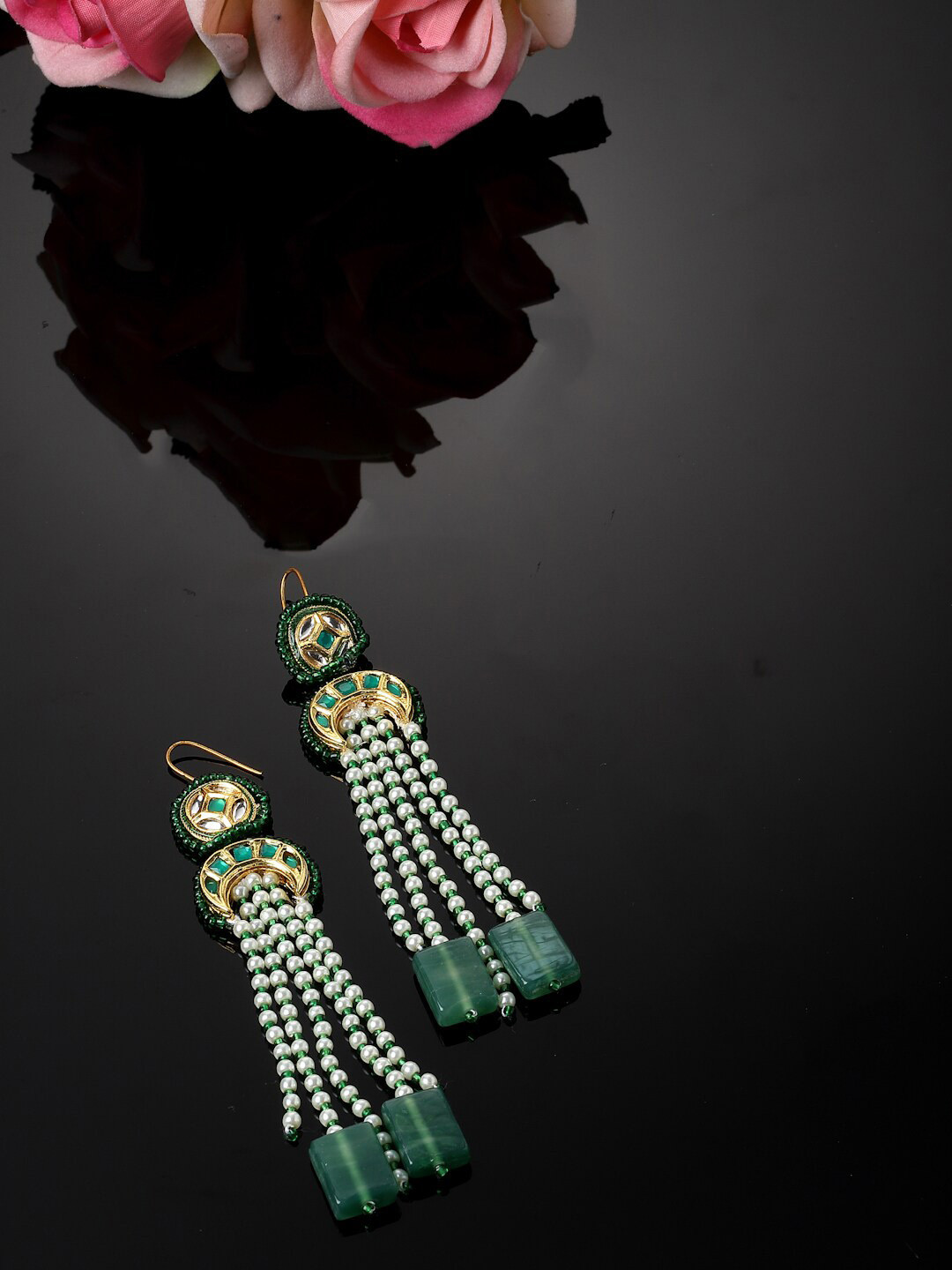

DUGRISTYLE Gold-Plated Kundan-Studded & Pearl Beaded Drop Earrings