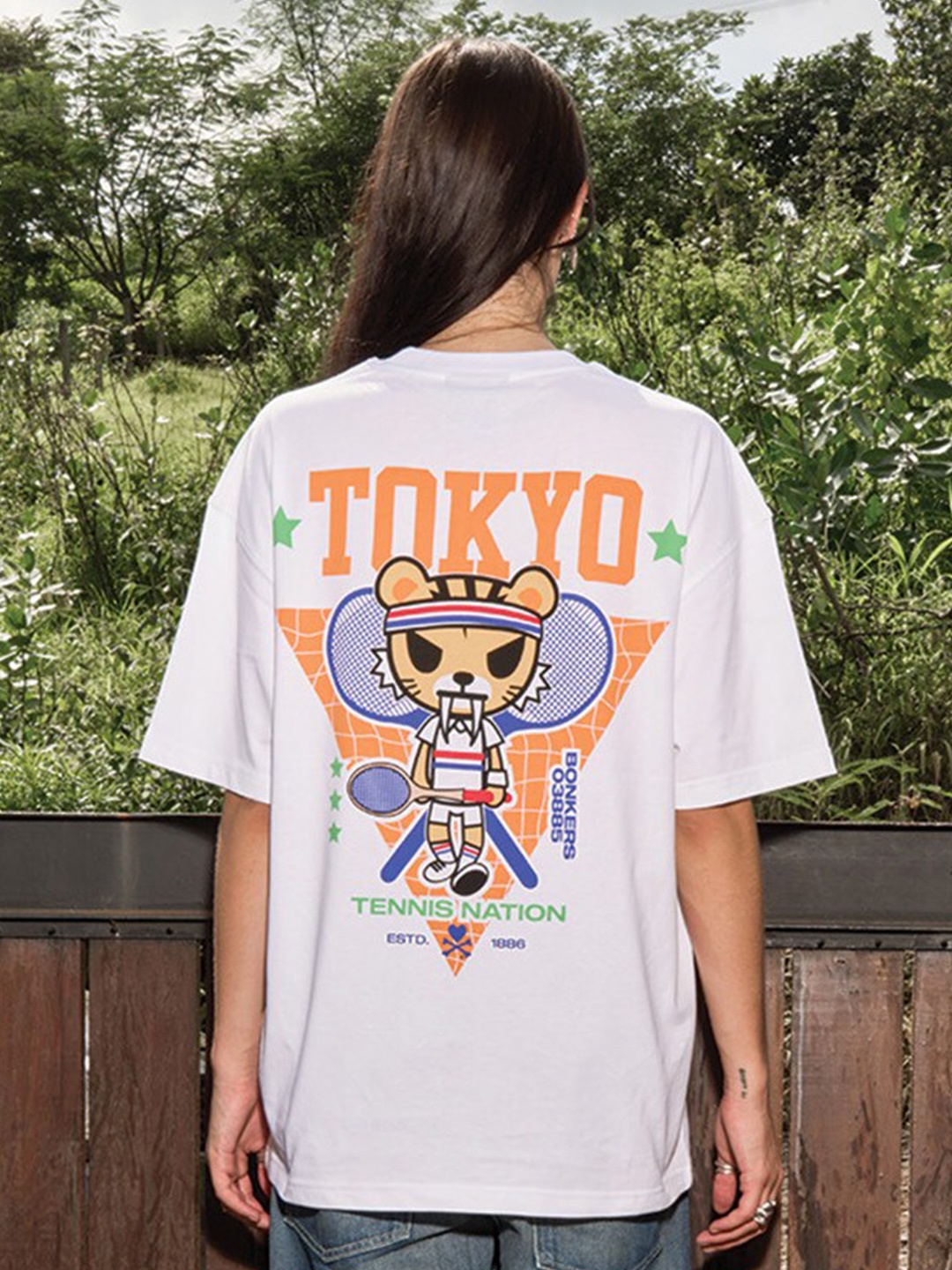 

Bonkers Corner Graphic Printed Drop-Shoulder Sleeves Oversized Cotton T-shirt, White
