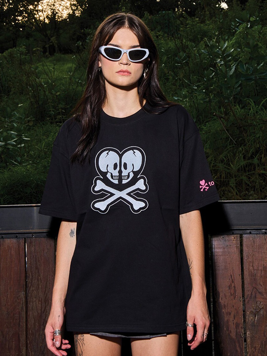 

Bonkers Corner Graphic Printed Round Neck Cotton Oversized T-shirt, Black