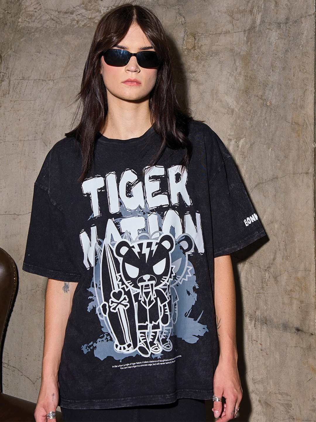 

Bonkers Corner Typography Printed Round Neck Cotton Oversized T-shirt, Black