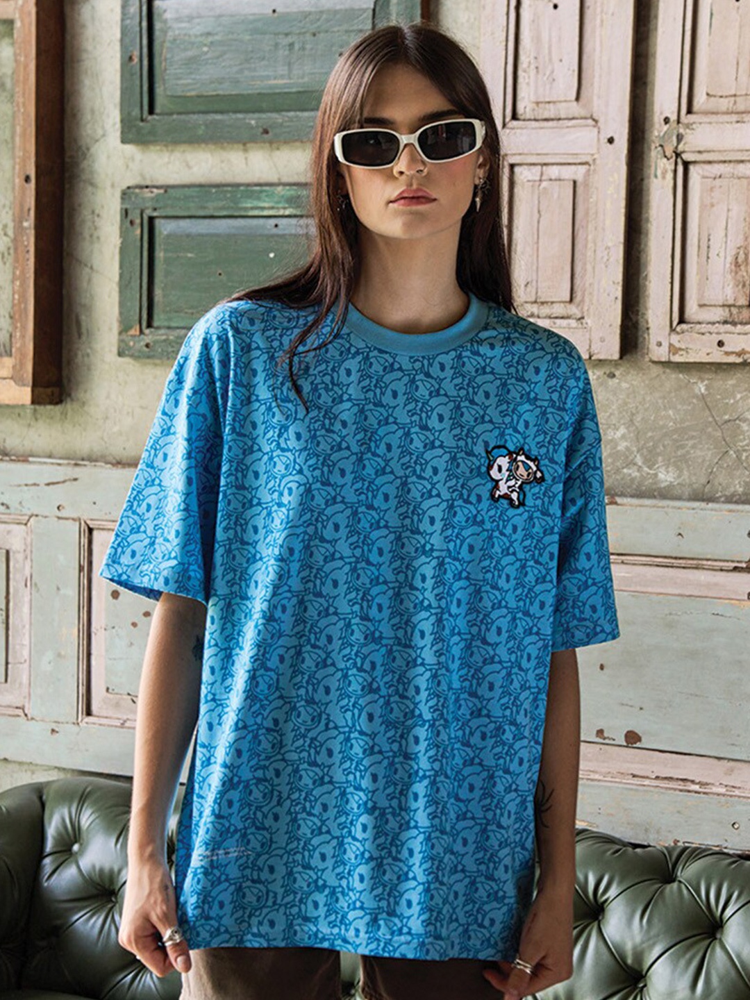 Bonkers Corner Graphic Printed Round Neck Cotton Oversized T-shirt, Blue