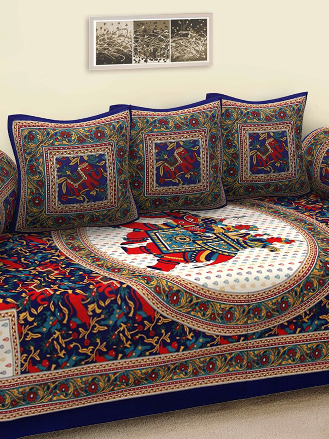 

Rajasthanikart 6-Pcs Blue & Red Ethnic Motifs Printed Cotton Diwan Set