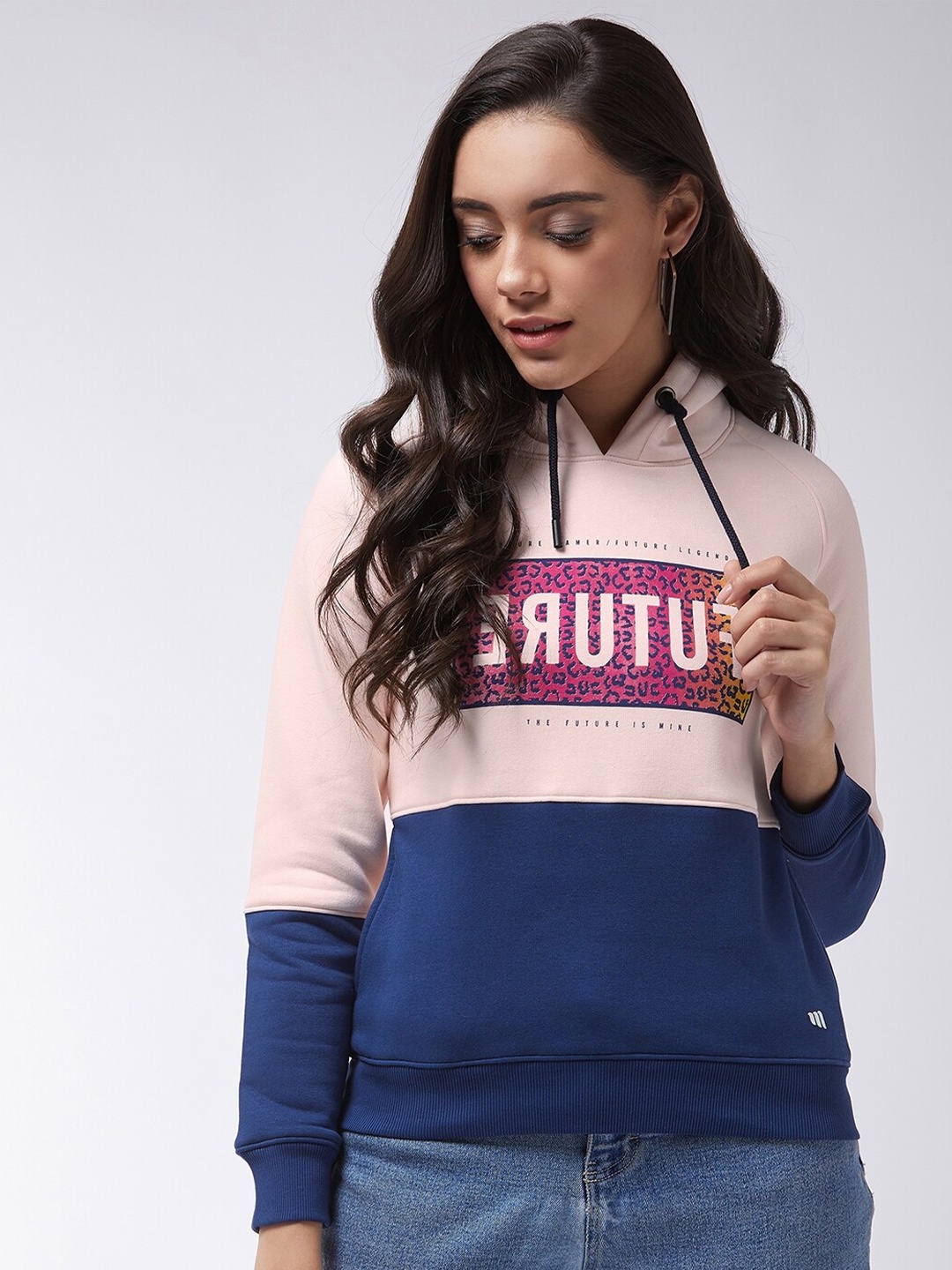 

Modeve Typography Printed Hooded Ribbed Sweatshirt, Peach