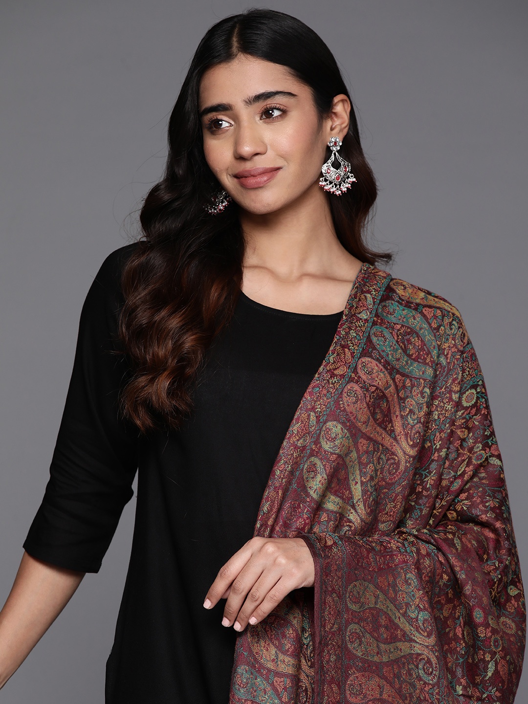 

Biba Ethnic Motifs Woven Design Shawl, Maroon