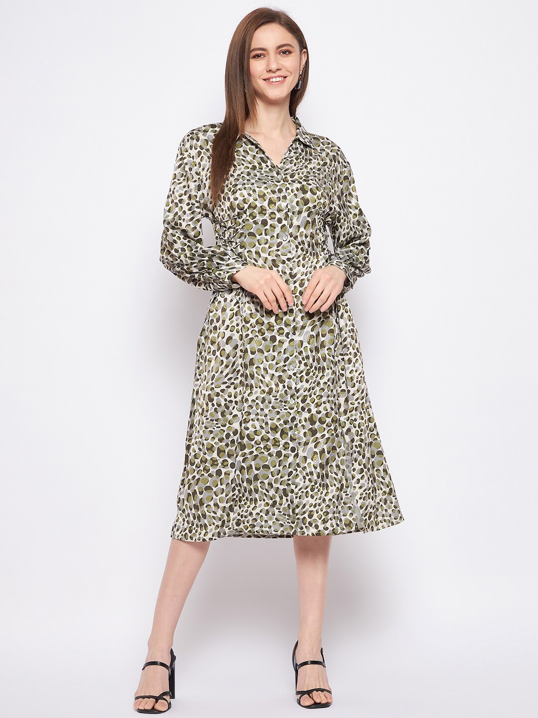 

Madame Animal Printed Cuffed Sleeves Shirt Midi Dress, Olive