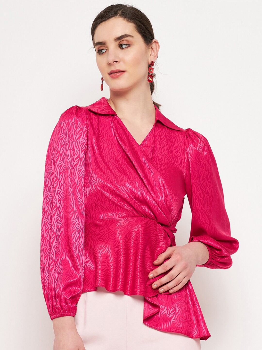 

Madame Self Design Shirt Collar Wrap Top, Pink