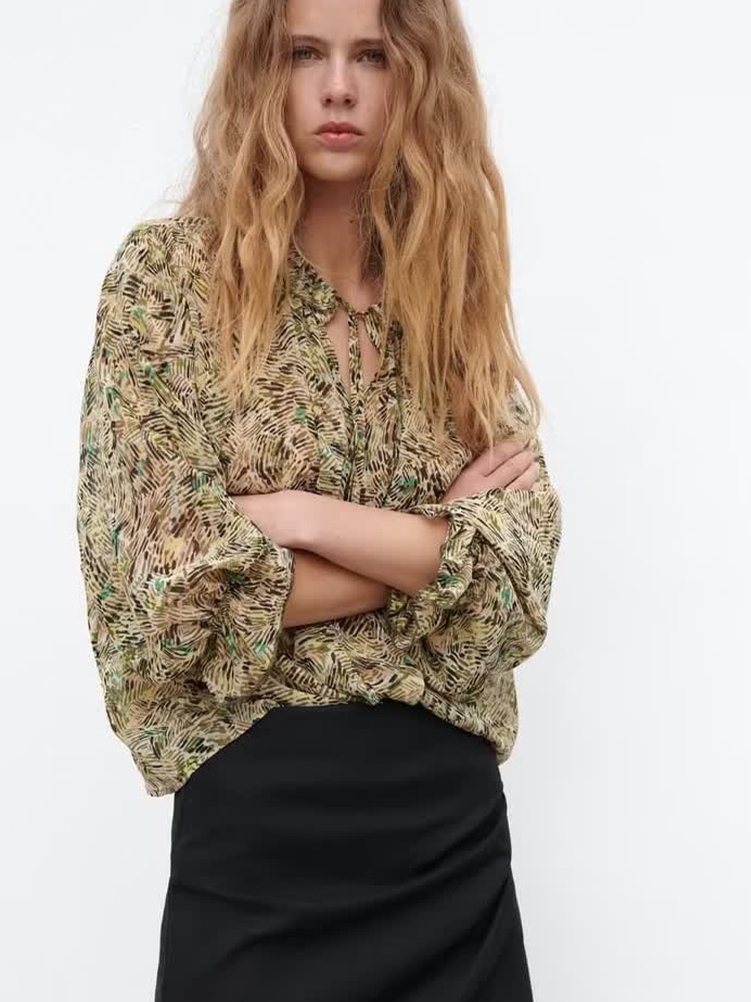 

LULU & SKY Abstract Printed Tie-Up Neck Top, Beige