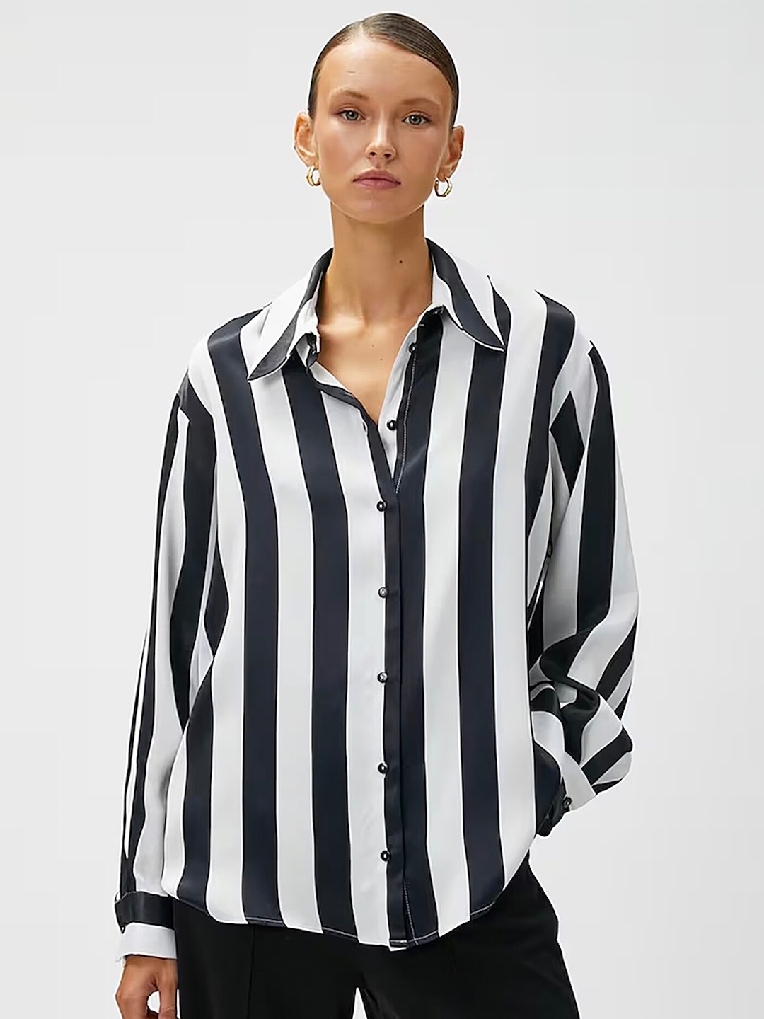 

LULU & SKY Vertical Striped Spread Collar Casual Shirt, Black