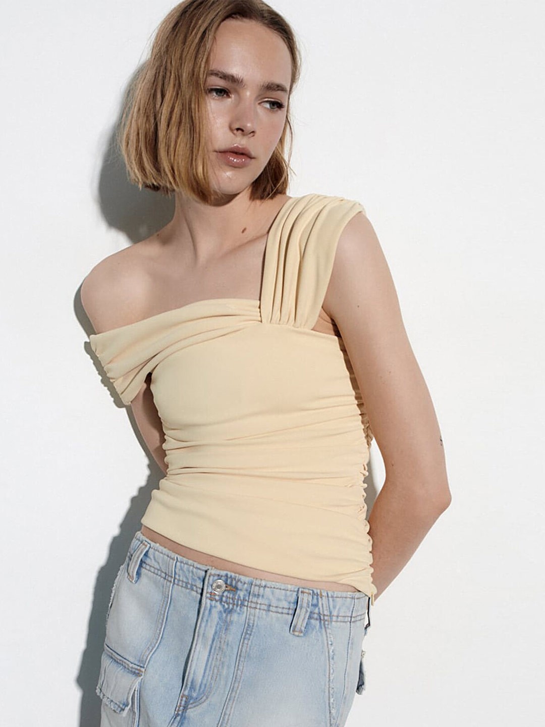 

LULU & SKY One Shoulder Ruched Fitted Top, Beige