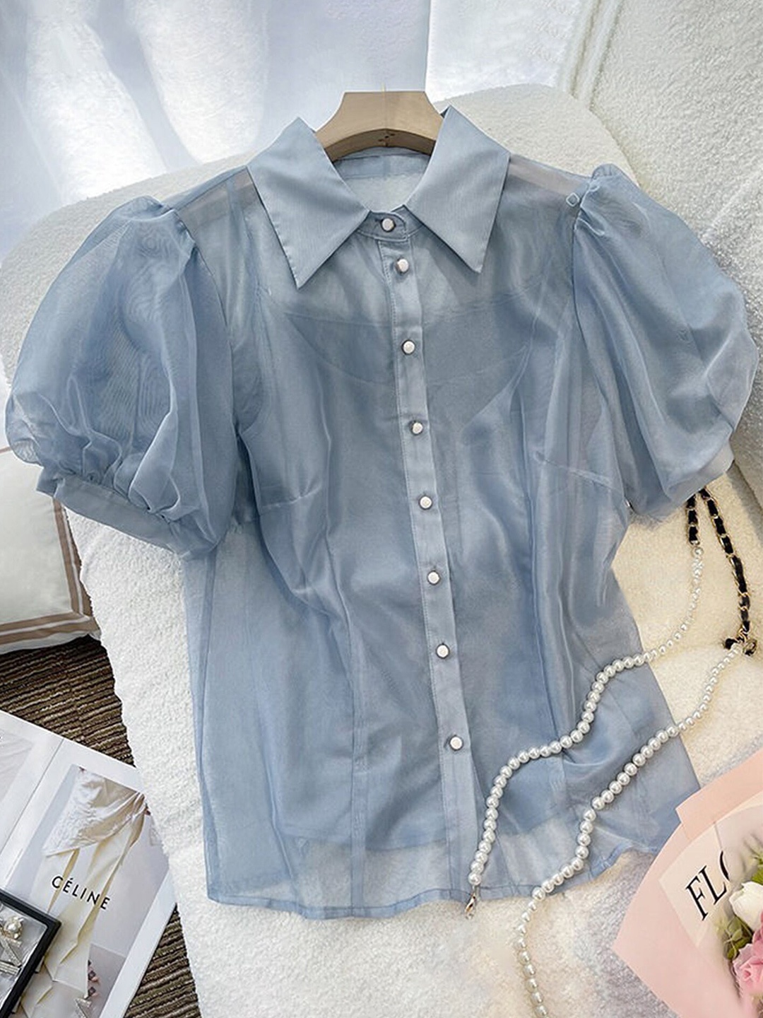 

LULU & SKY Blue Puff Sleeve Shirt Style Top