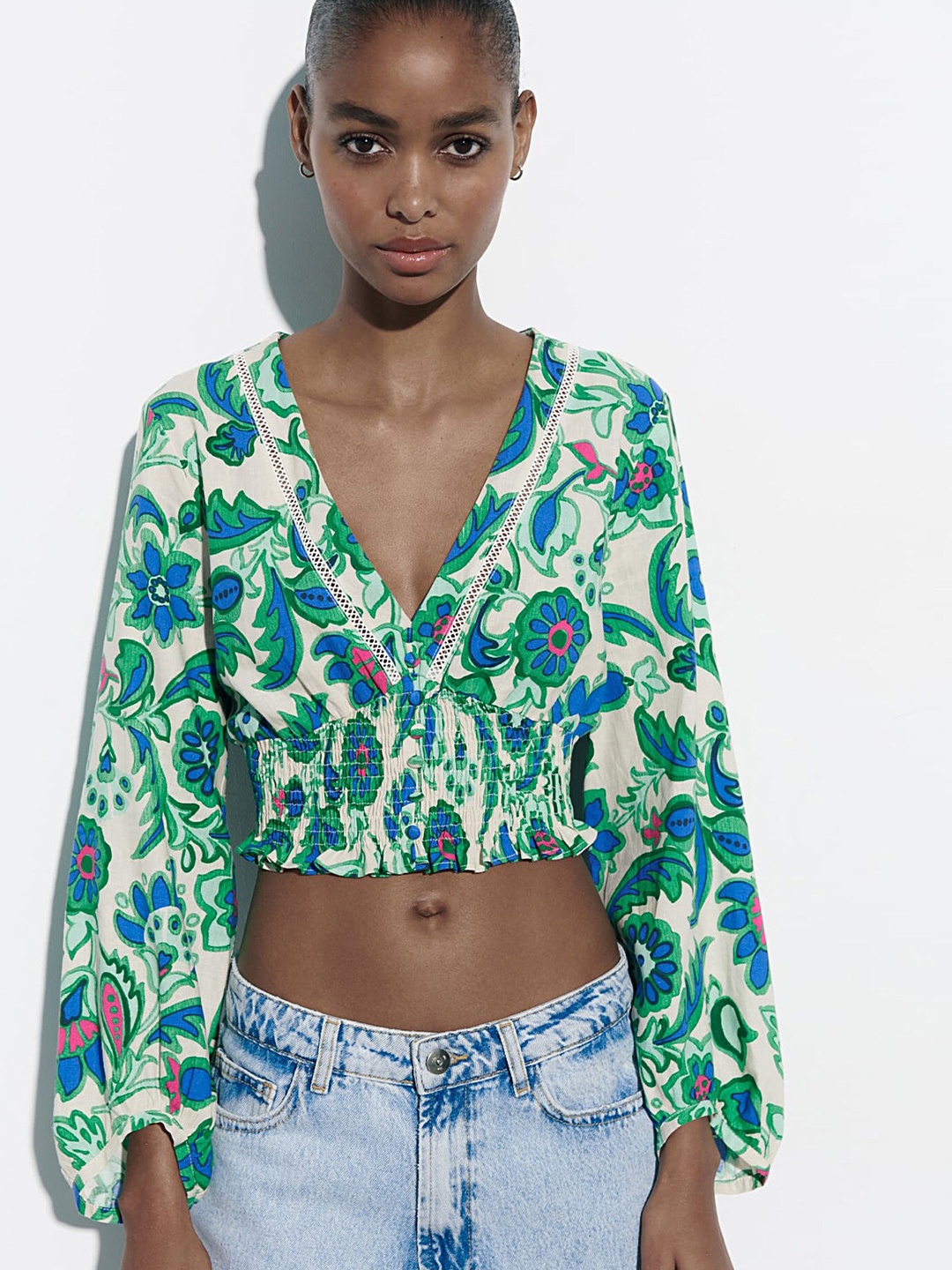 

LULU & SKY Floral Printed V-Neck Puff Sleeves Smocking Detail Cinched Waist Crop Top, Green