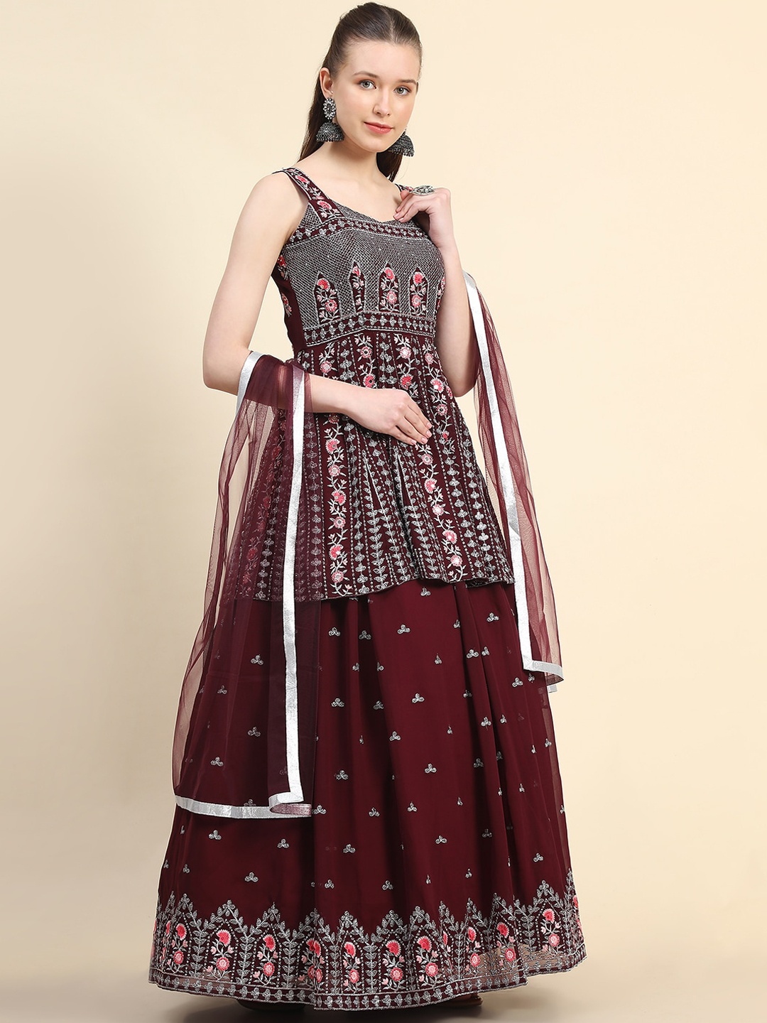 

BLACK SCISSOR Ethnic Motifs Embroidered Kurta with Skirt & Dupatta, Maroon
