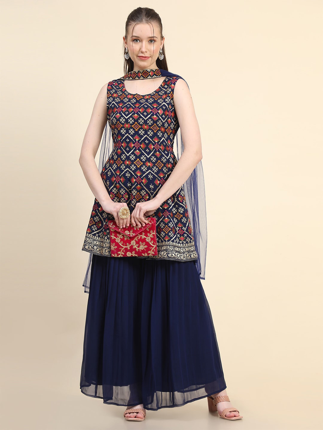

BLACK SCISSOR Ethnic Motifs Embroidered Thread Work Kurta with Sharara & Dupatta, Blue