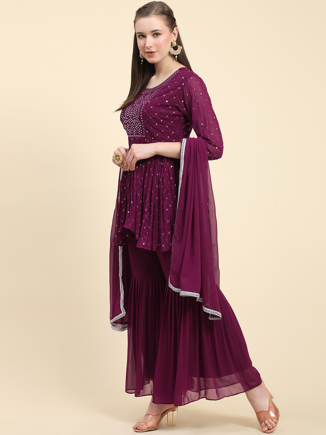 

BLACK SCISSOR Geometric Embroidered Regular Mirror Work Kurti with Sharara & Dupatta, Burgundy
