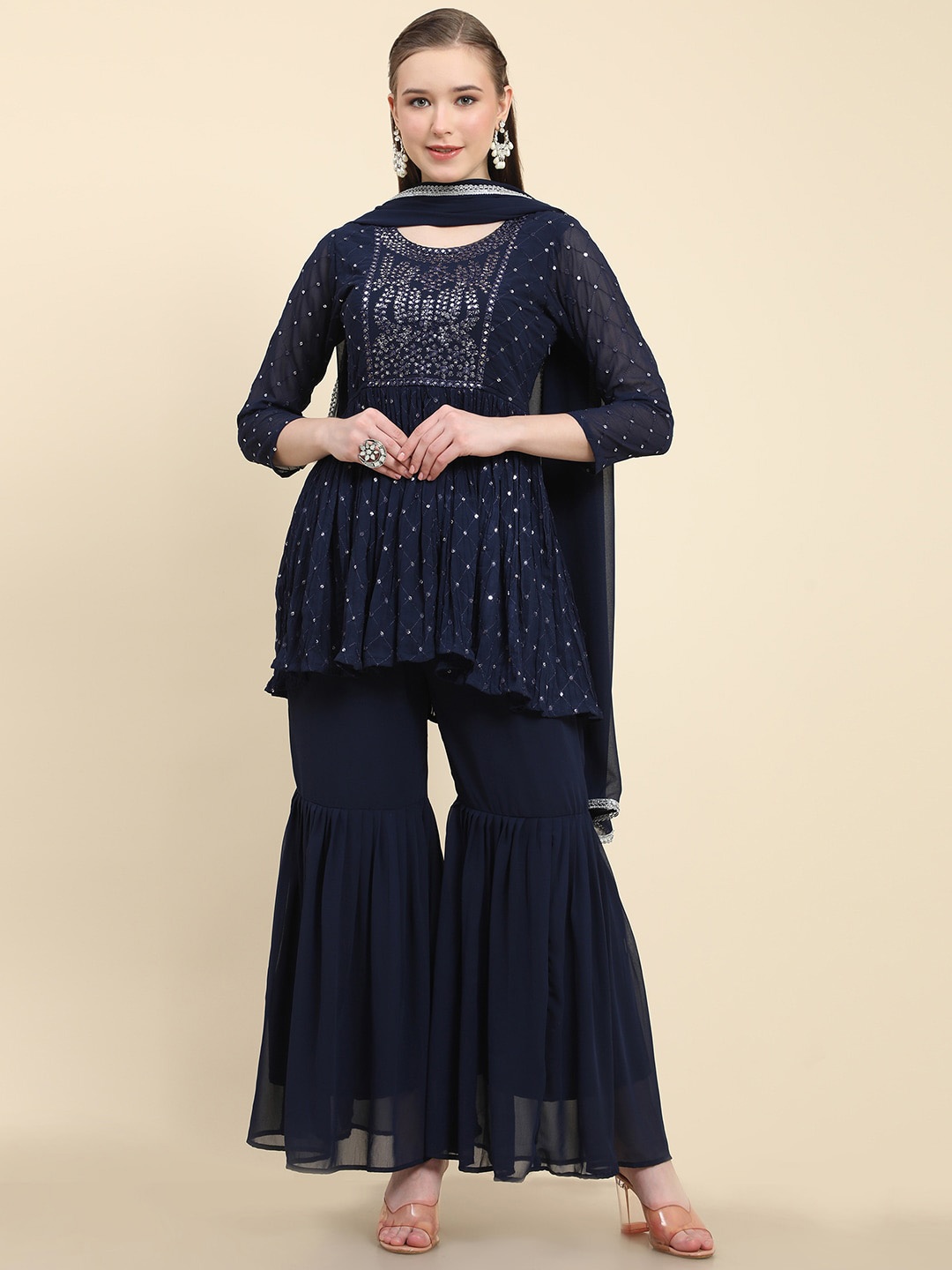 

BLACK SCISSOR Embroidered Kurti with Sharara & Dupatta, Blue