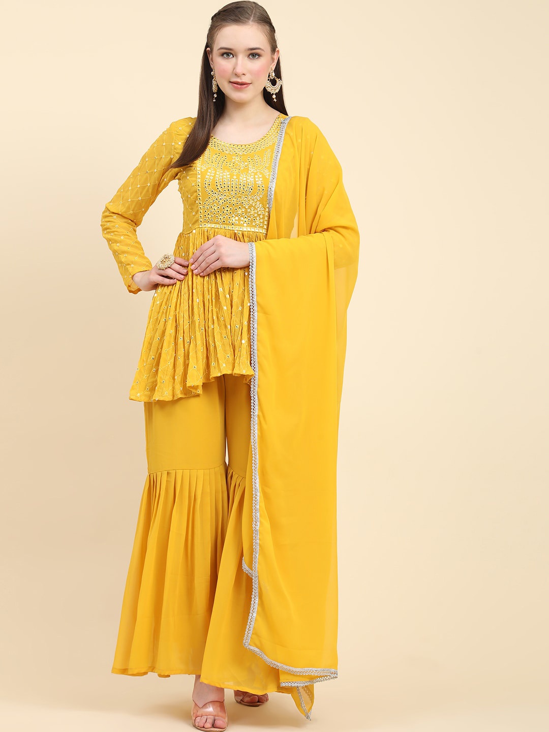 

BLACK SCISSOR Ethnic Motifs Embroidered Kurta with Sharara & Dupatta, Yellow