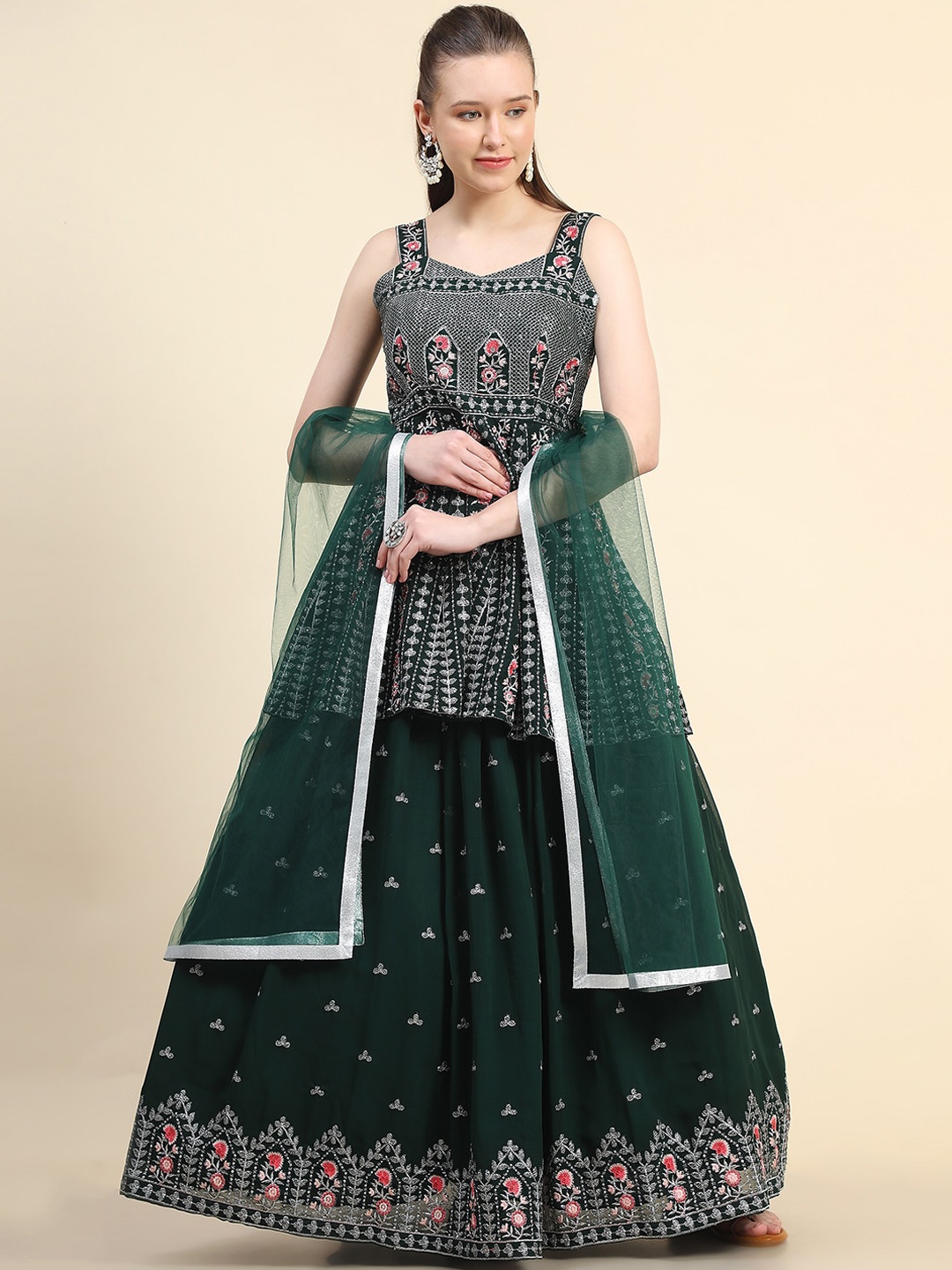 

BLACK SCISSOR Floral Embroidered Kurti with Skirt & Dupatta, Green