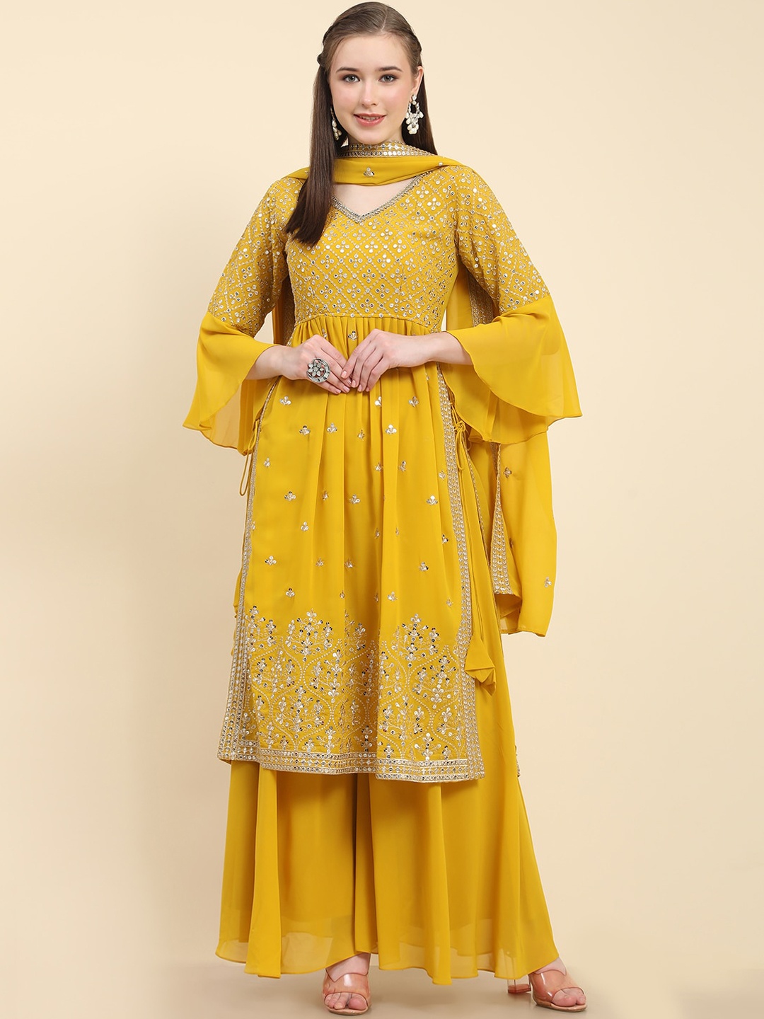 

BLACK SCISSOR Ethnic Motifs Embroidered Kurta with Palazzos & Dupatta, Yellow