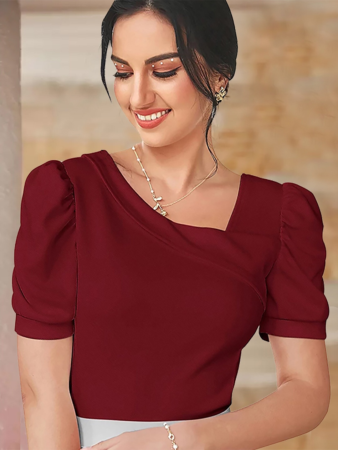 

Dream Beauty Fashion V-Neck Puff Sleeve Top, Maroon