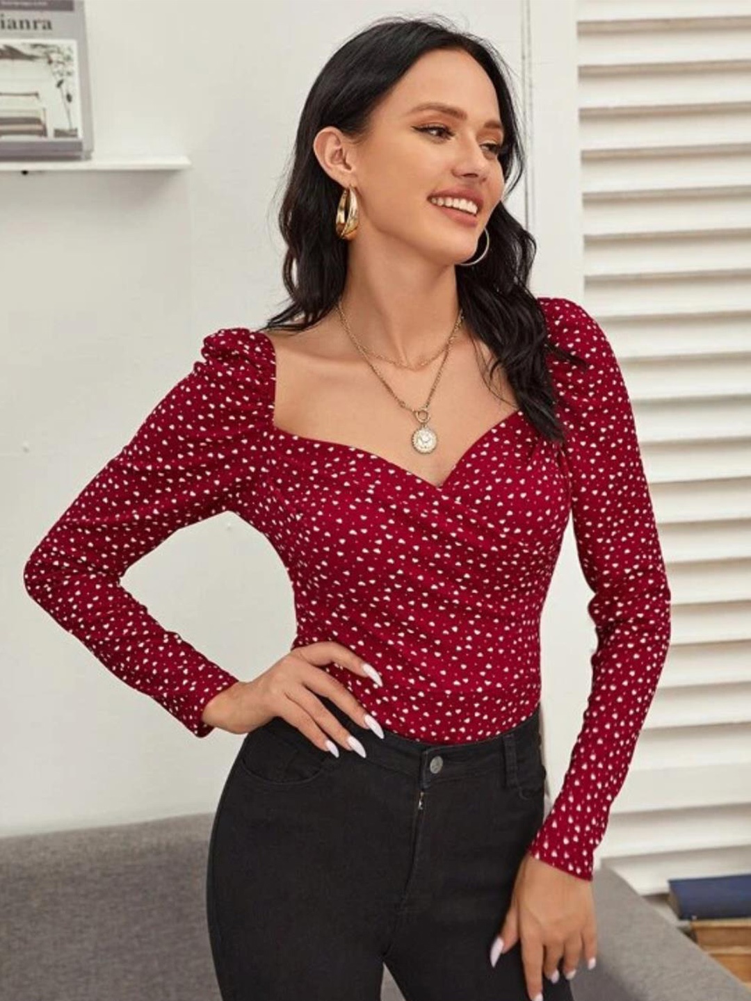 

Kotty Maroon Polka Dot Printed Sweetheart Neck Puff Sleeve Crepe Top