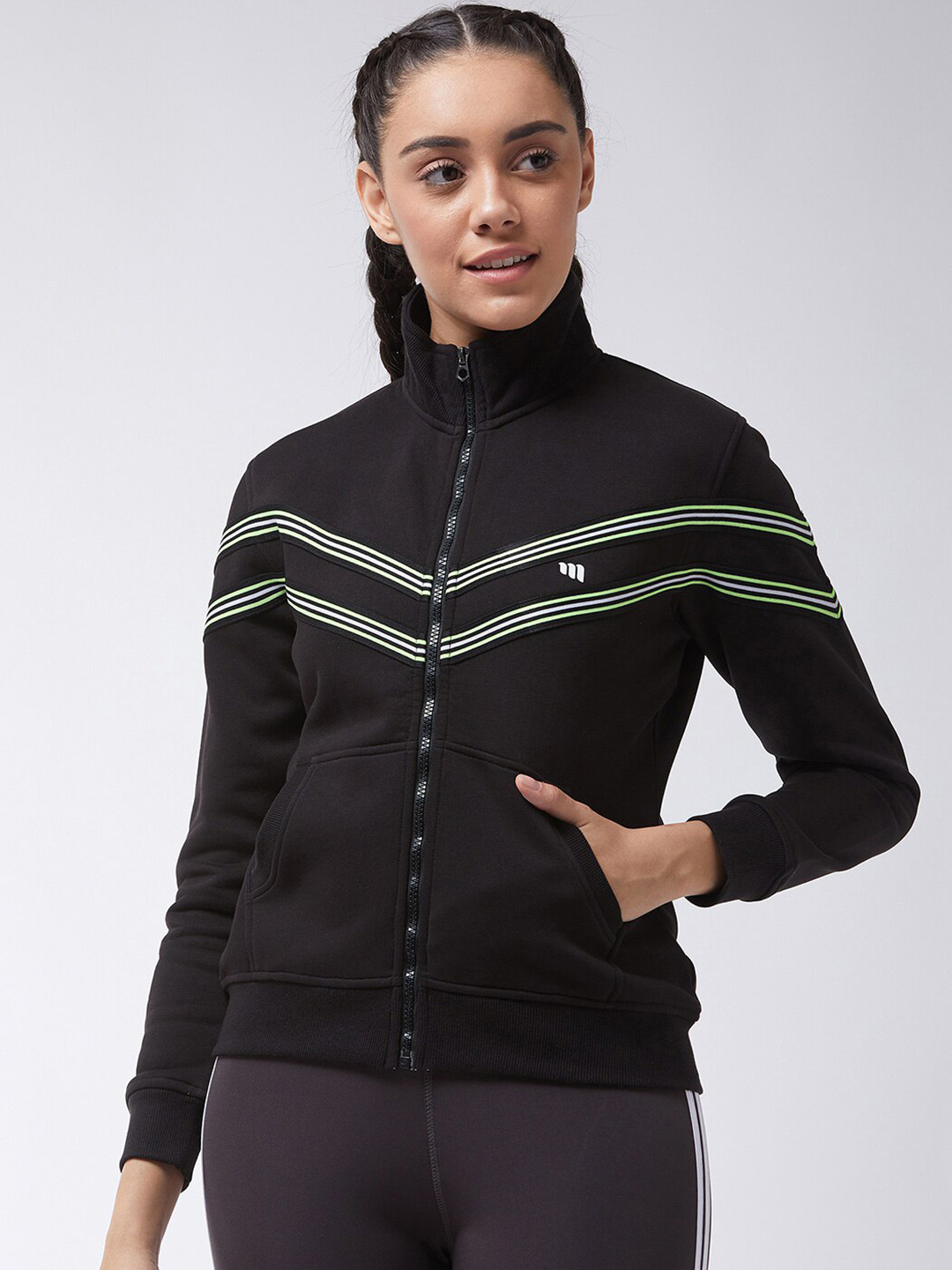 

Modeve Striped Mock Collar Front-Open Sweatshirt, Black