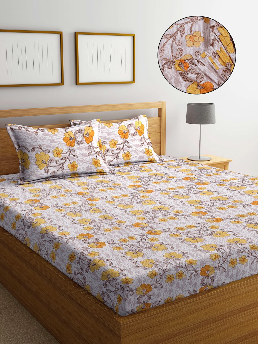 

FABINALIV Yellow & White Floral 300 TC Fitted Super King Bedsheet with 2 Pillow Covers