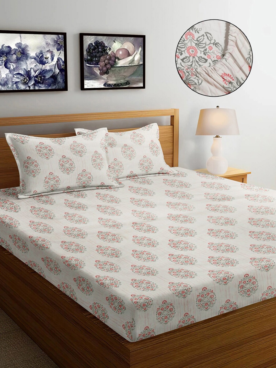 

FABINALIV Beige & Red Floral Print 300 TC Fitted Super King Bedsheet & 2 Pillow Covers