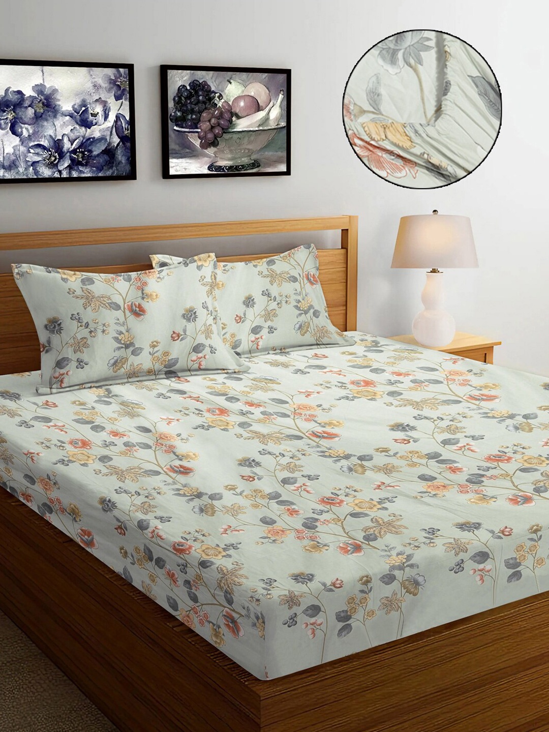 

FABINALIV Green & Orange Floral 300 TC Fitted Super King Bedsheet with 2 Pillow Covers