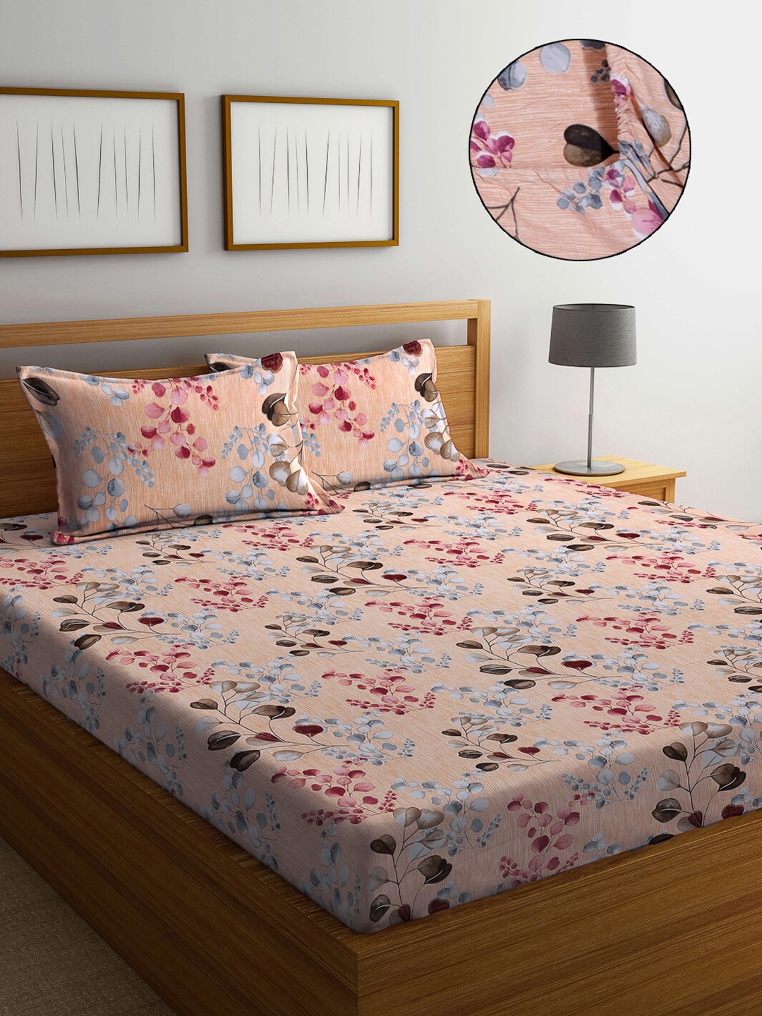 

FABINALIV Orange & Pink Floral Printed 300 TC Fitted King Bedsheet with 2 Pillow Covers