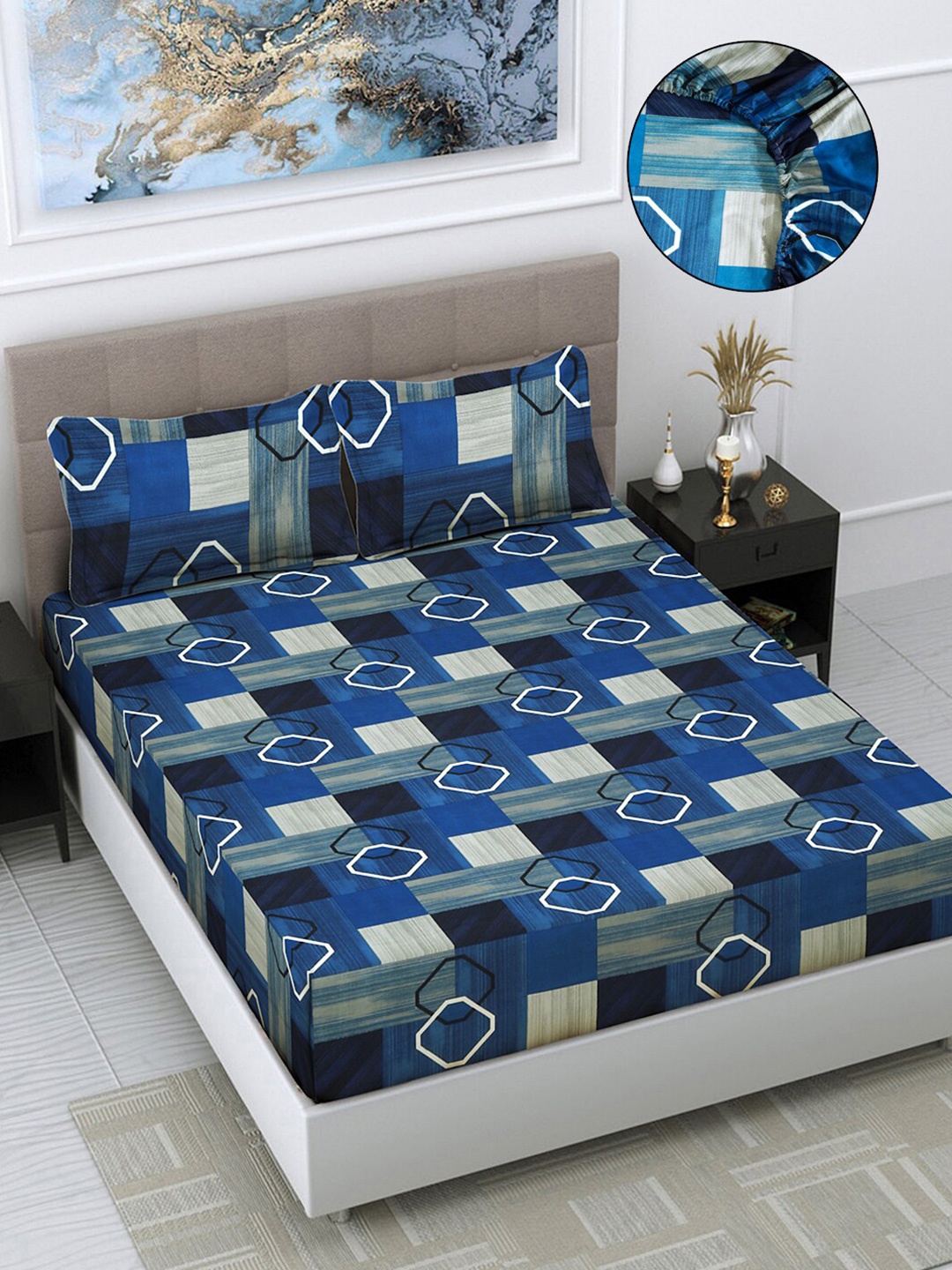 

FABINALIV Blue & White Geometric Print 300 TC Fitted Super King Bedsheet & 2 Pillow Covers